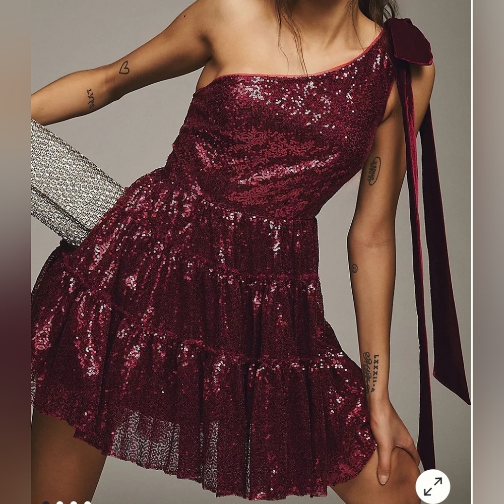 Anthropologie Geisha Designs one shoulder fit & flare Sequin mini